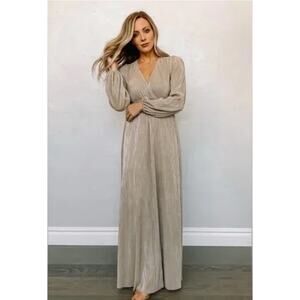 Baltic Born Venus Pleated Maxi Dress Champagne L NWT Long Sleeve Shimmer Formal